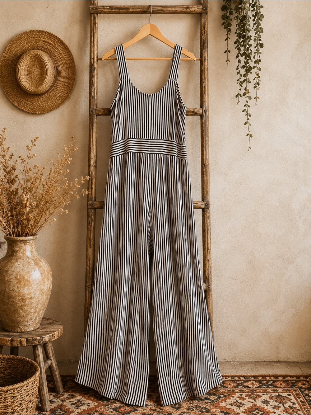 Emily Daniels Striped Scoop Neck Wide-Leg Jumpsuit Black Cream Large